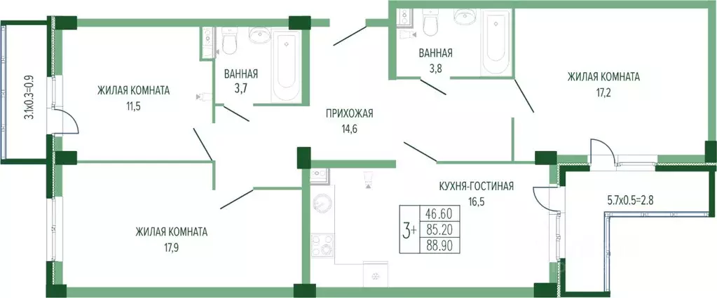 3-к кв. Краснодарский край, Краснодар Круговая ул., 4/1 (91.45 м) - Фото 0