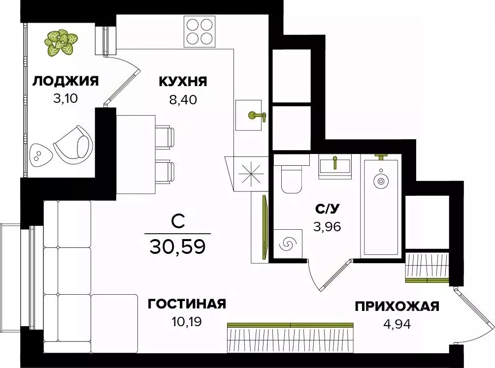 Студия Тульская область, Тула  (30.59 м) - Фото 0