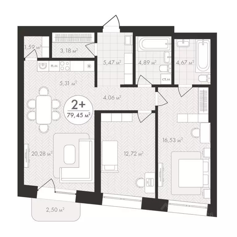 2-к кв. Башкортостан, Уфа Южный-2 мкр,  (79.45 м) - Фото 1
