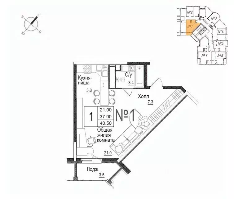 Студия Московская область, Наро-Фоминск ул. Школьная, 9 (40.5 м) - Фото 0