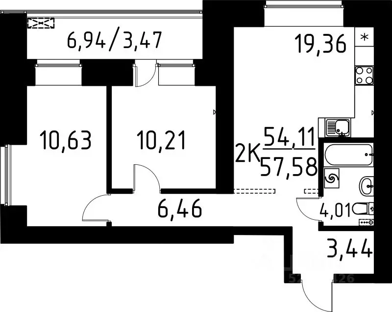 2-к кв. Томская область, Томск ул. Вершинина, 58к2 (57.58 м) - Фото 1