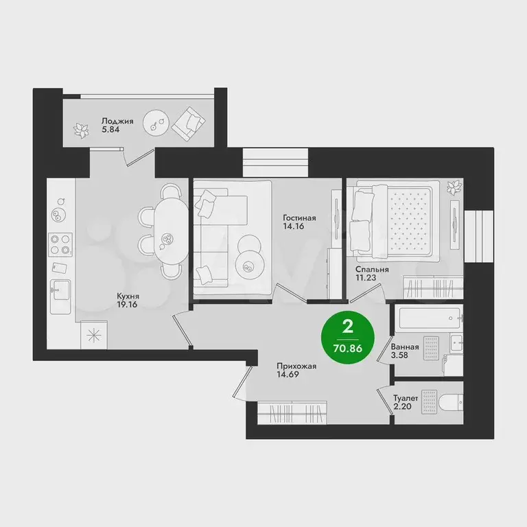 2-к. квартира, 70,9 м, 6/9 эт. - Фото 0
