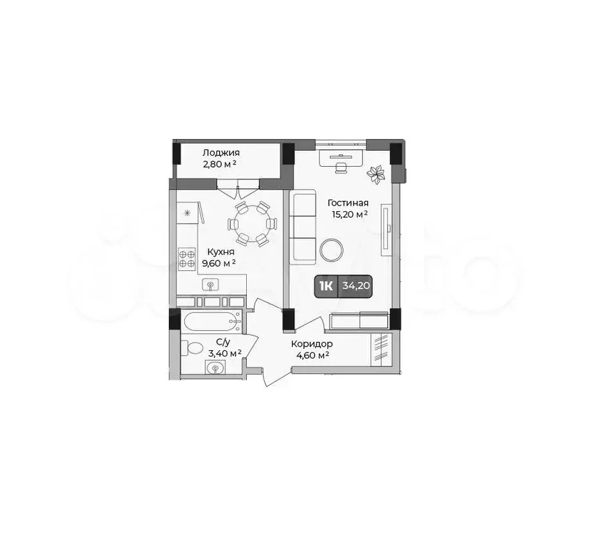 1-к. квартира, 34,2 м, 9/9 эт. - Фото 1