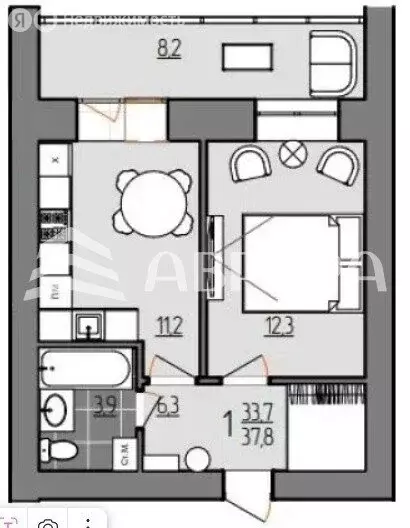 1-комнатная квартира: село Чигири, Красивая улица, 27 (35.1 м) - Фото 1
