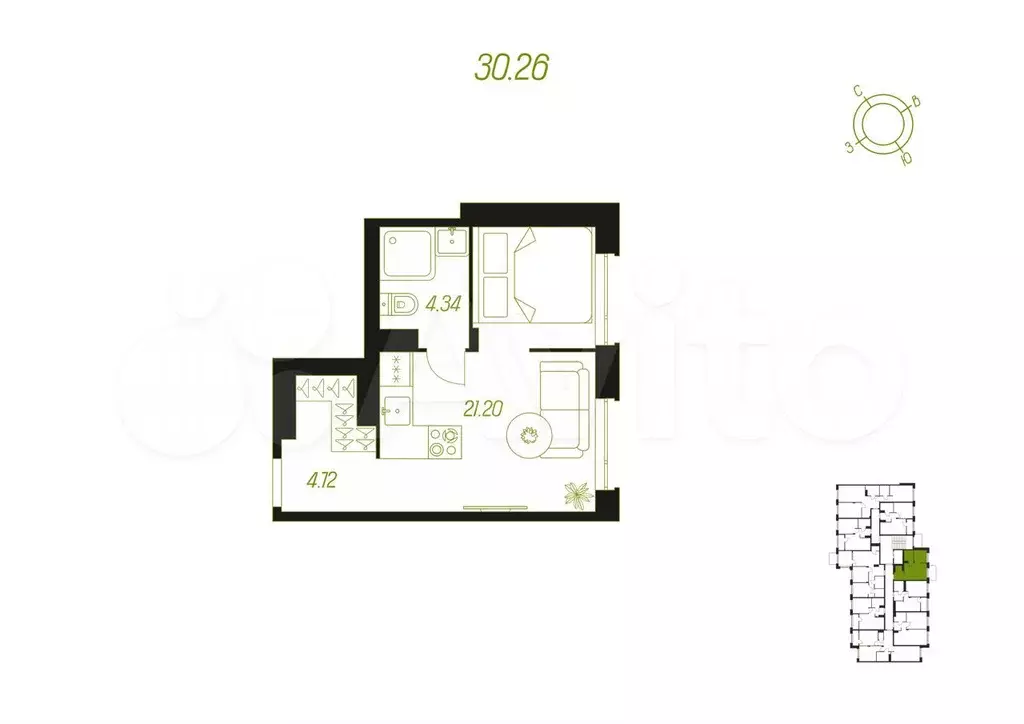 Квартира-студия, 30,3 м, 4/9 эт. - Фото 1