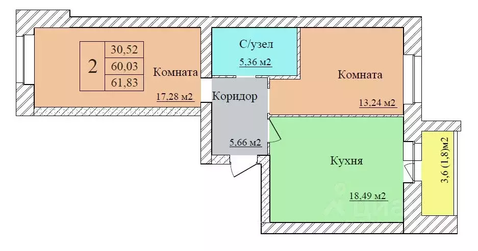 2-к кв. Ярославская область, Ярославль пос. Текстилей,  (61.83 м) - Фото 1