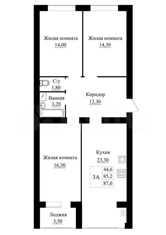 3-к. квартира, 85,2 м, 3/5 эт. - Фото 0