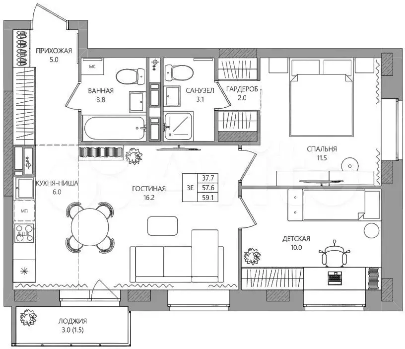 3-к. квартира, 59,1 м, 7/9 эт. - Фото 0