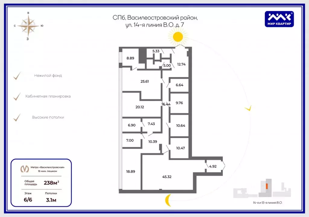 Офис в Санкт-Петербург 14-я Васильевского острова линия, 7 (238 м) - Фото 2