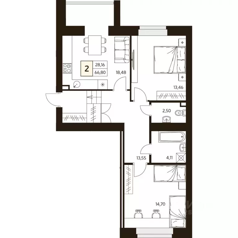 2-к кв. Башкортостан, Уфа ул. Жуковского, 19А (66.8 м) - Фото 1