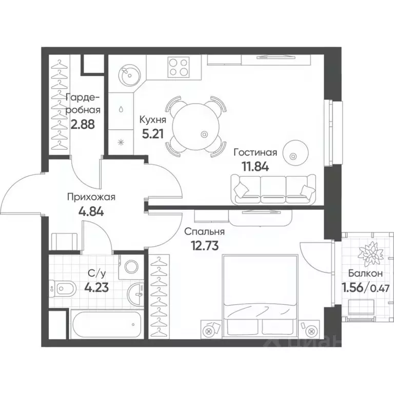 2-к кв. Татарстан, Казань Счастье в Казани жилой комплекс (42.2 м) - Фото 1