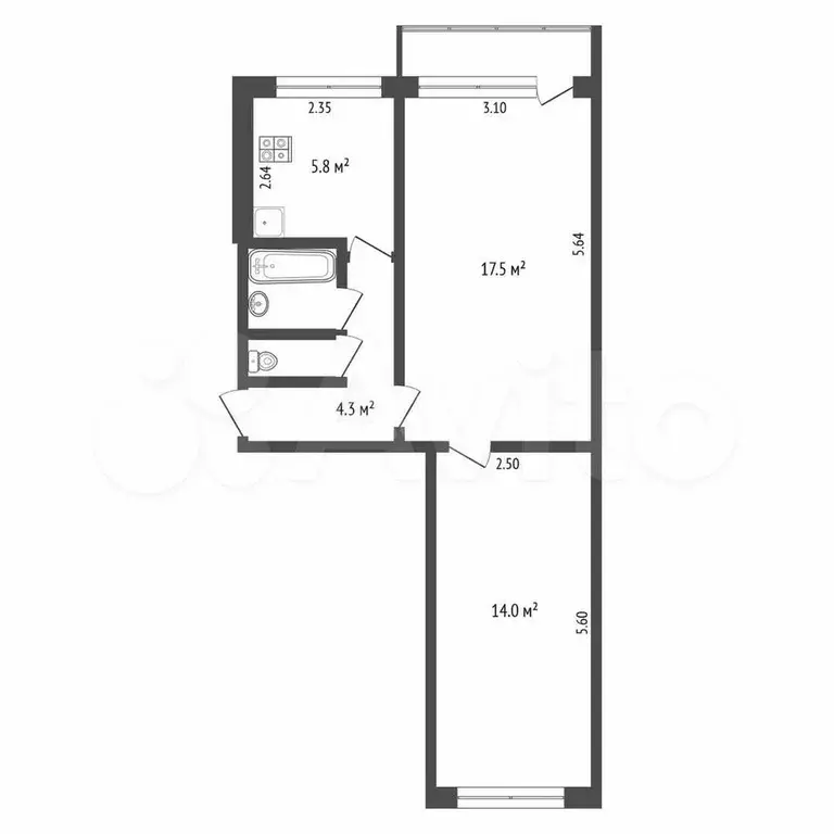 2-к. квартира, 44,8 м, 3/5 эт. - Фото 0