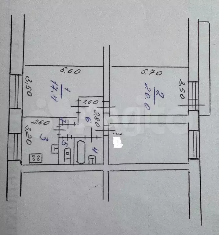 2-к. квартира, 56,8 м, 4/4 эт. - Фото 0