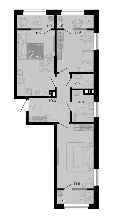 2-к. квартира, 70,6 м, 8/9 эт. - Фото 1