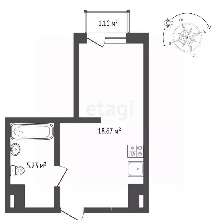 Студия Тюменская область, Тюмень ул. Василия Малкова, 10 (29.0 м) - Фото 1