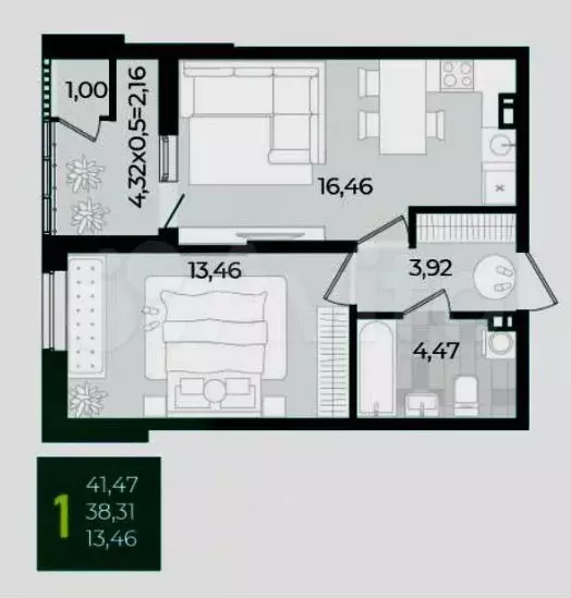 1-к. квартира, 42 м, 3/4 эт. - Фото 1