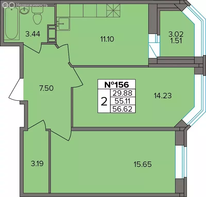 2-комнатная квартира: Новое Девяткино, Лесная улица, 19 (56.62 м) - Фото 1