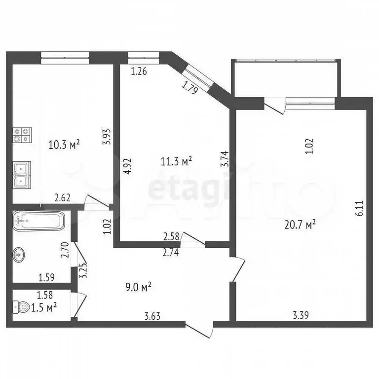 2-к. квартира, 56,9 м, 3/10 эт. - Фото 0