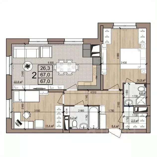 2-к кв. Рязанская область, Рязань ул. Новоселов, 33Б (67.0 м) - Фото 1