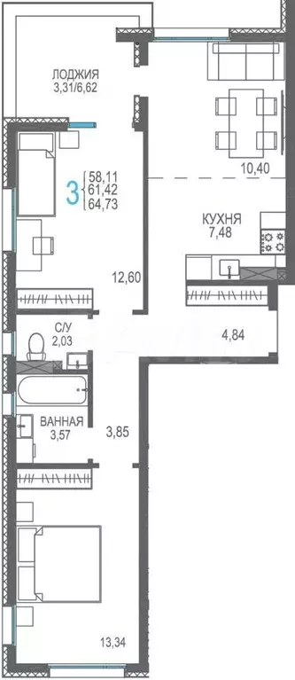 3-к. квартира, 64,7 м, 4/8 эт. - Фото 0