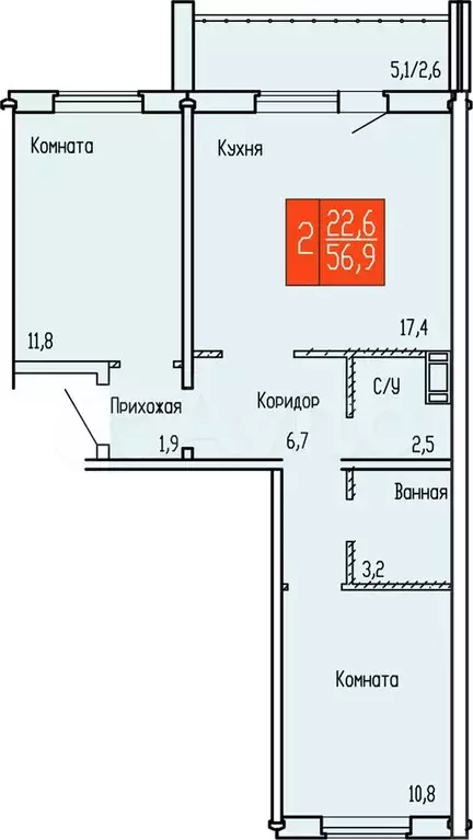 2-к. квартира, 56,9 м, 3/10 эт. - Фото 0