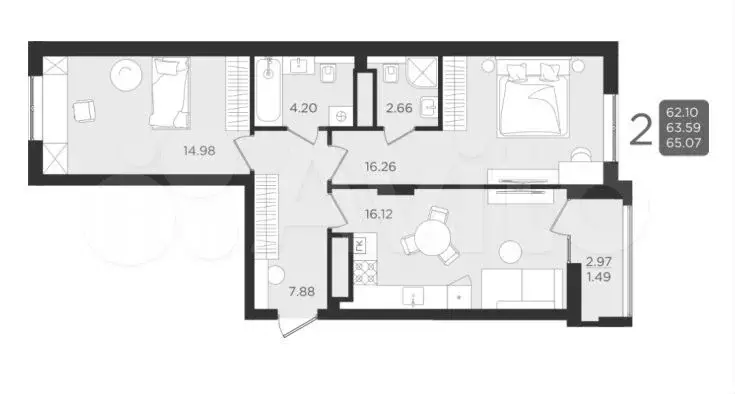 2-к. квартира, 65,1 м, 7/9 эт. - Фото 1