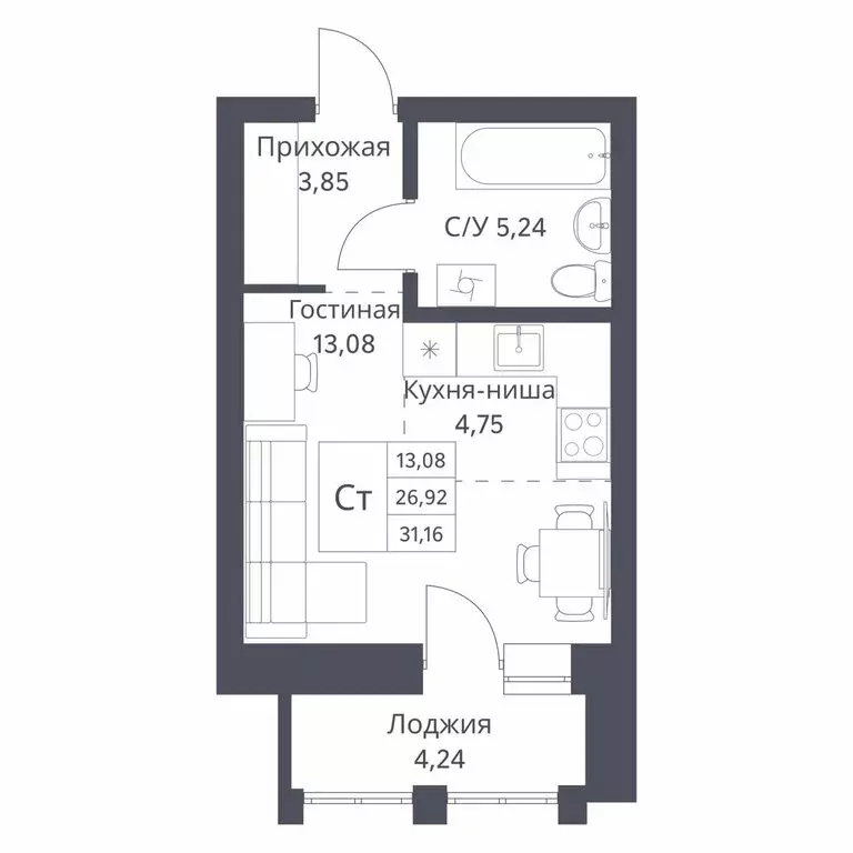 Квартира-студия: Новосибирск, Игарская улица, 40/1 (26.92 м) - Фото 0