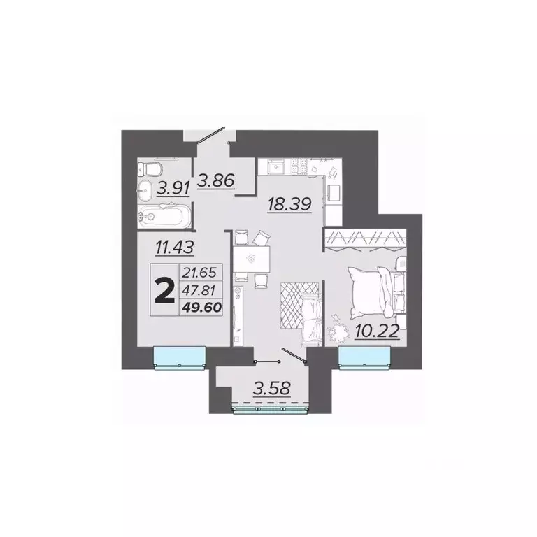 2-к кв. Брянская область, Брянск Архитектор жилой комплекс (49.6 м) - Фото 1