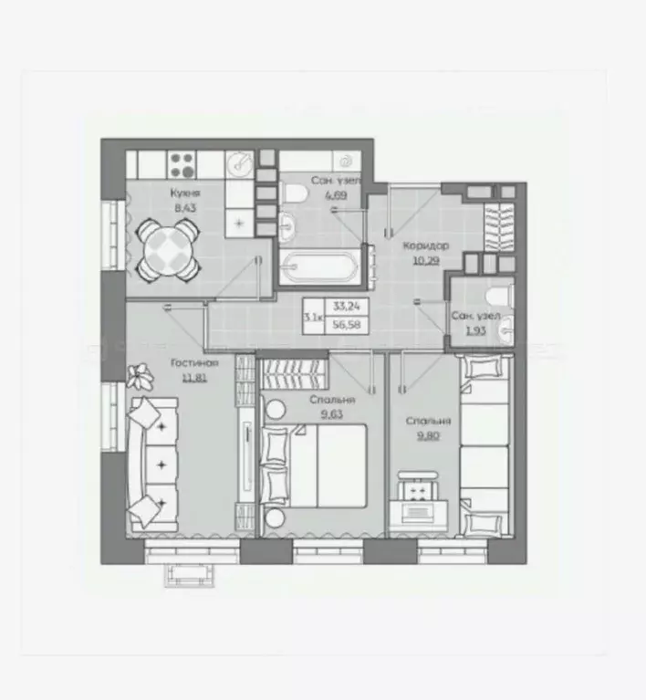 3-к кв. Татарстан, Казань ул. Ярышлар, 8 (56.6 м) - Фото 2