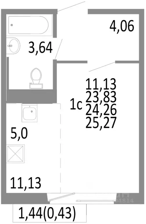 1-к кв. Челябинская область, Челябинск ул. Блюхера, 125В (24.26 м) - Фото 0