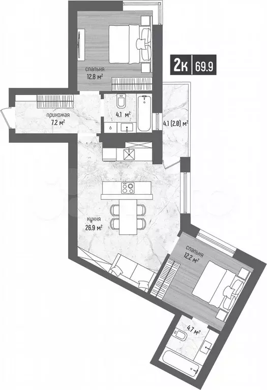 2-к. квартира, 69,9 м, 2/5 эт. - Фото 1