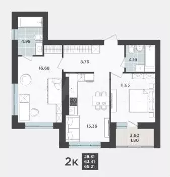 2-к. квартира, 65,2 м, 6/9 эт. - Фото 1