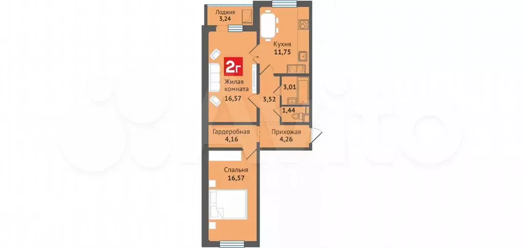 2-к. квартира, 65,4 м, 8/12 эт. - Фото 0
