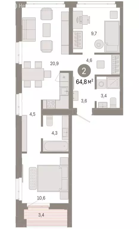 2-комнатная квартира: Тюмень, улица Республики, 205к3 (64.77 м) - Фото 2