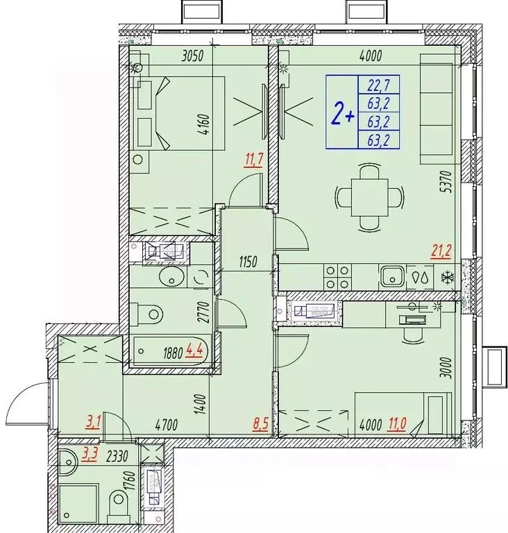3-к кв. Астраханская область, Астрахань ул. Бэра, 29 (63.2 м) - Фото 2