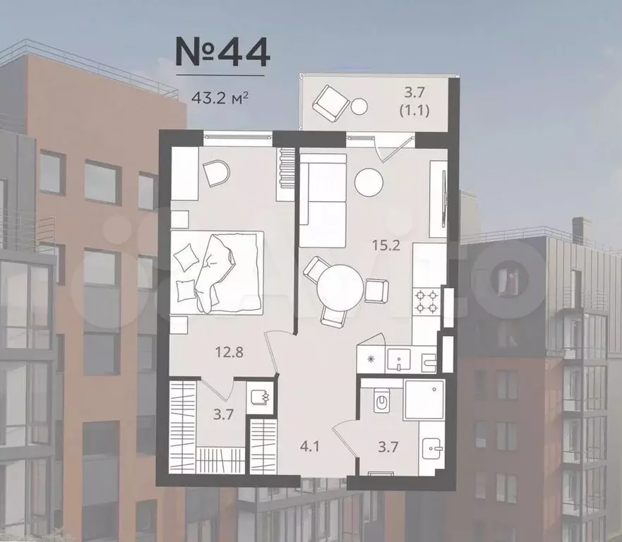 1-к. квартира, 42,9 м, 3/7 эт. - Фото 0