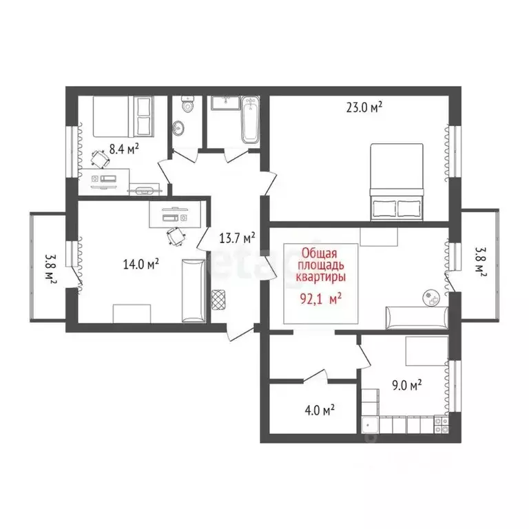 4-к кв. Томская область, Северск Транспортная ул., 86 (92.1 м) - Фото 2
