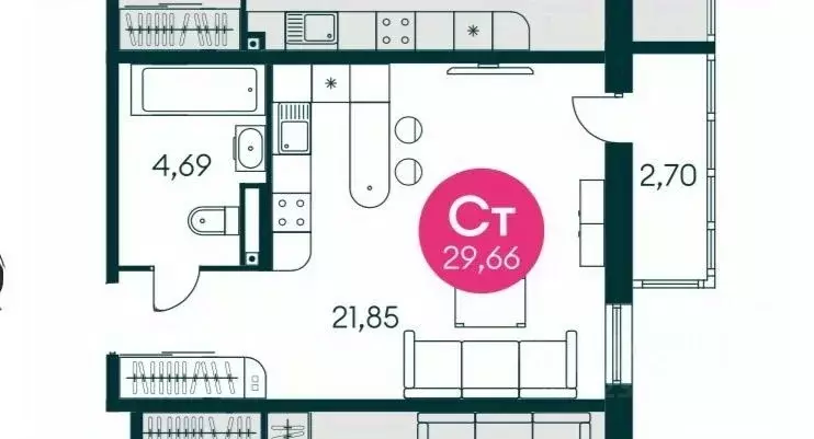 Студия Ростовская область, Ростов-на-Дону ул. Малиновского (30.0 м) - Фото 1