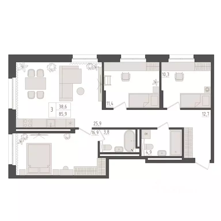 3-к кв. Башкортостан, Уфа 563-й кв-л,  (85.8 м) - Фото 1