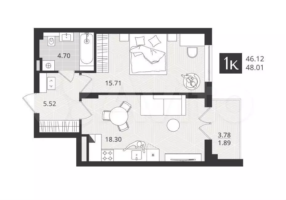 1-к. квартира, 46,1м, 1/4эт. - Фото 1