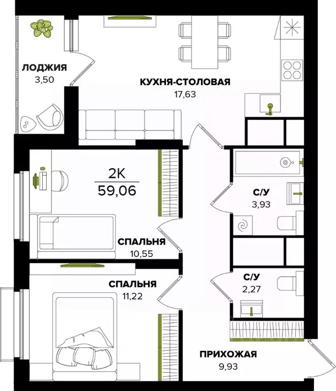 2-к кв. Тульская область, Тула  (59.06 м) - Фото 0