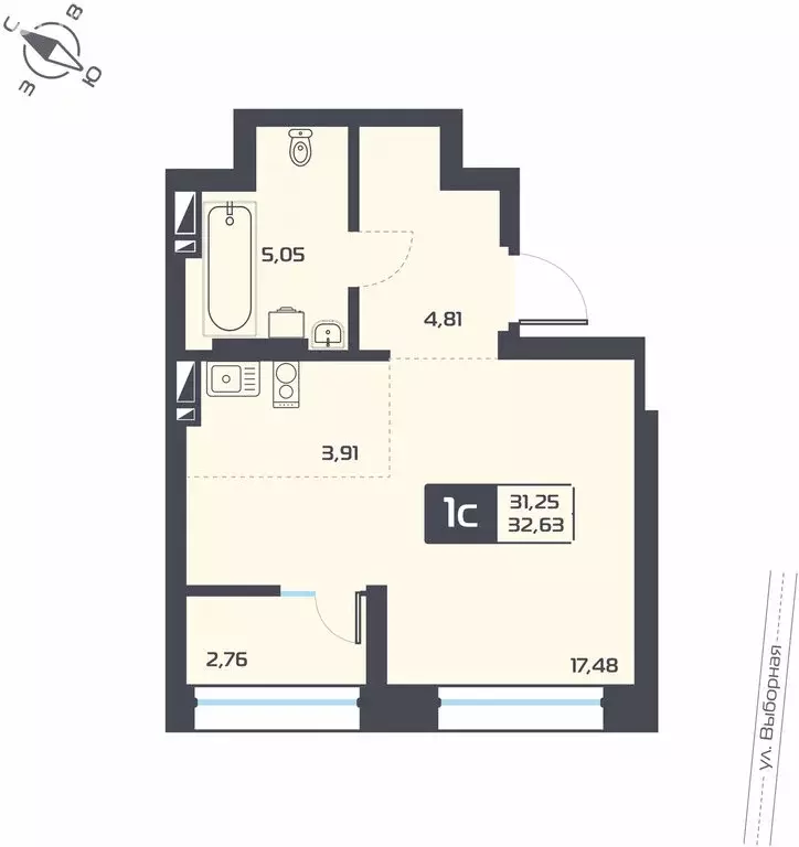 Квартира-студия: Новосибирск, жилой комплекс Астон.Геометрия (32.63 м) - Фото 1