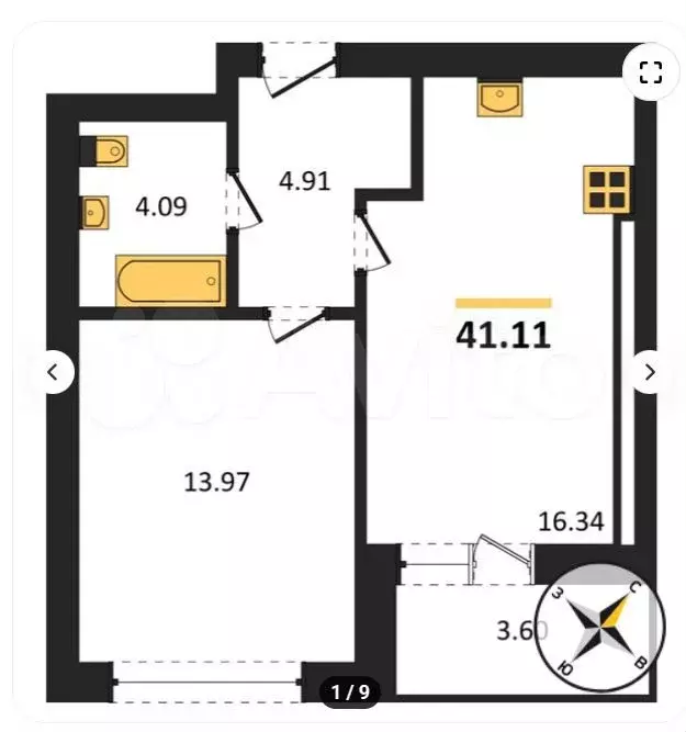 1-к. квартира, 41,1 м, 5/9 эт. - Фото 1