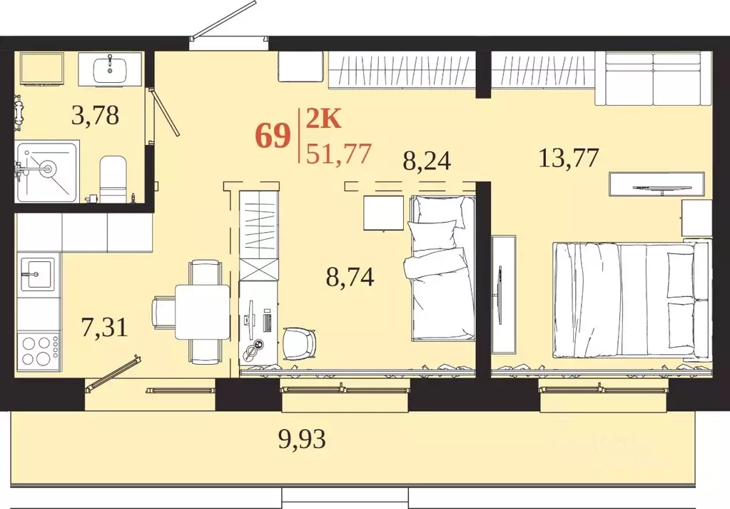 2-к кв. Иркутская область, Иркутск 1661 жилой комплекс (51.77 м) - Фото 1