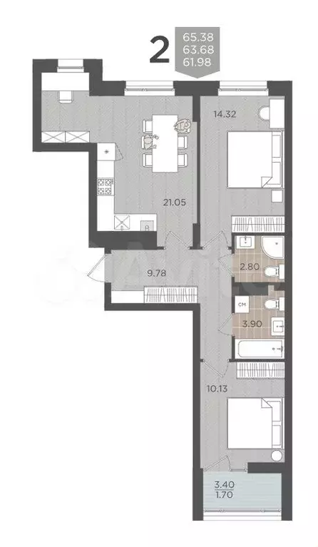 2-к. квартира, 65,4 м, 9/9 эт. - Фото 1