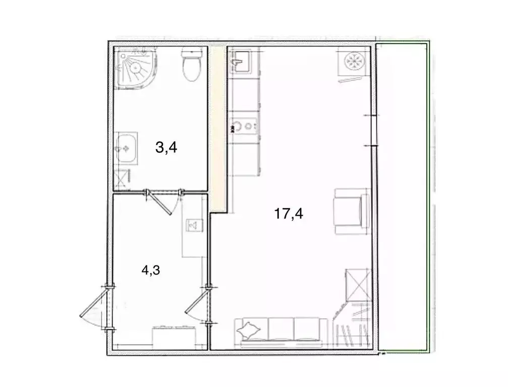 Студия Санкт-Петербург аллея Арцеуловская, 23к1 (25.1 м) - Фото 1