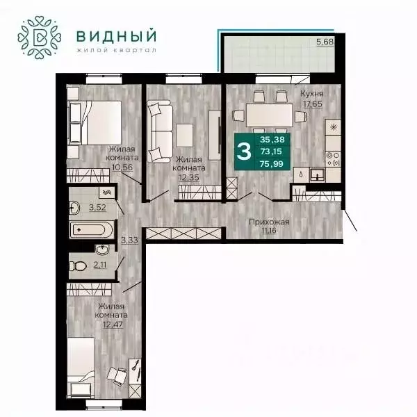 3-к кв. Пермский край, Пермь Кавказская ул., 13к2 (75.99 м) - Фото 1