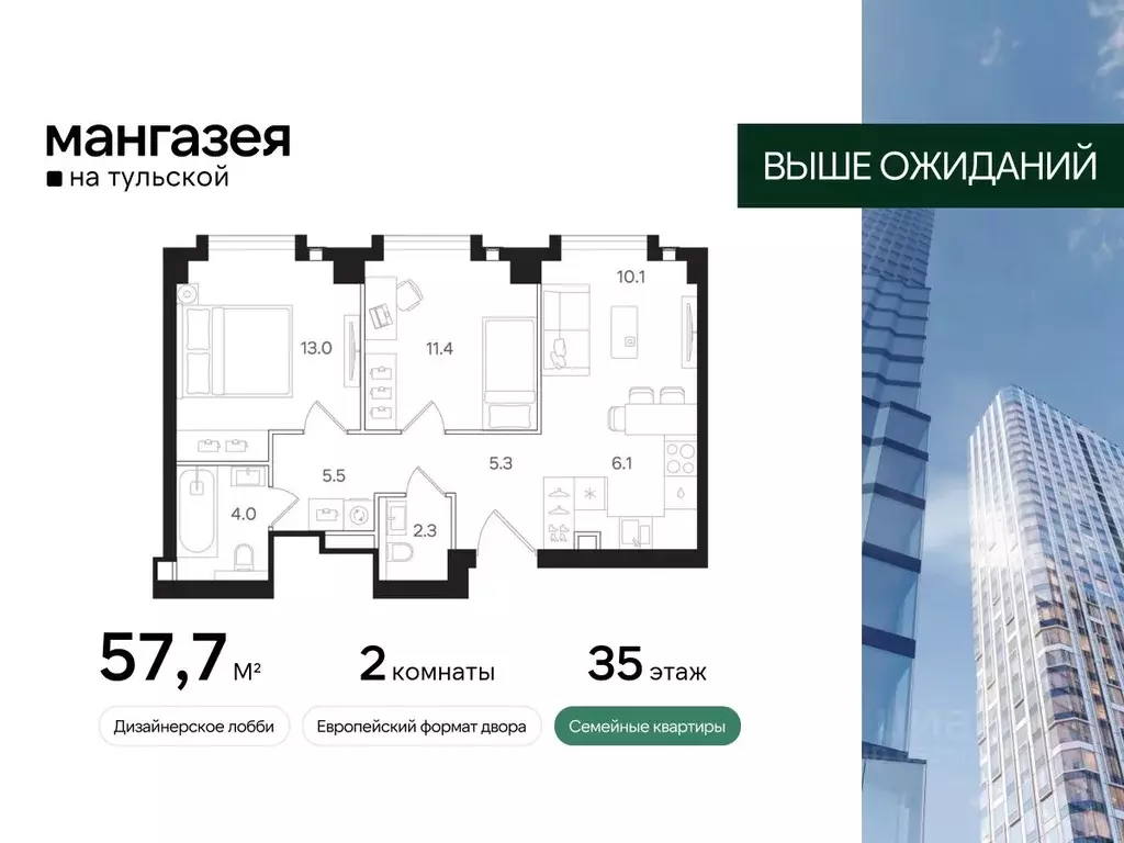 2-к кв. Москва Большая Тульская ул., 10с25 (57.7 м) - Фото 0