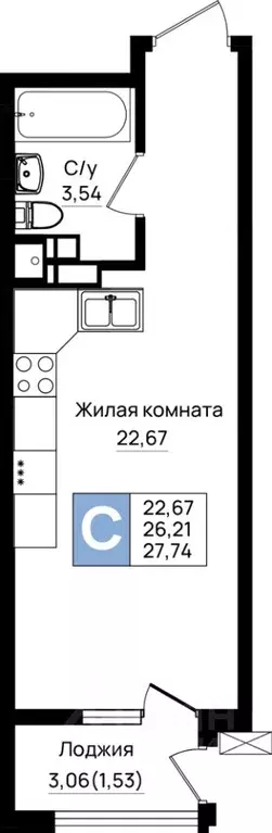 Студия Краснодарский край, Новороссийск Шоссейная ул. (27.74 м) - Фото 1