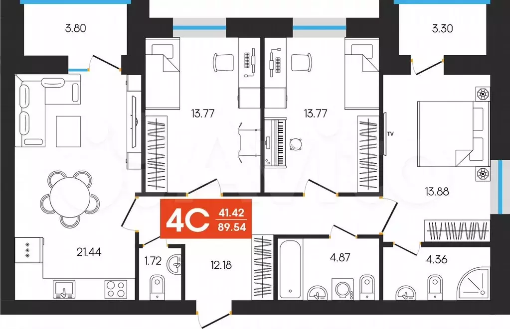 4-к. квартира, 89,5 м, 8/8 эт. - Фото 0